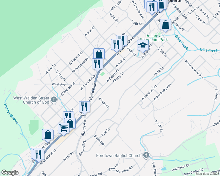 map of restaurants, bars, coffee shops, grocery stores, and more near 717 Cherry Street in LaFollette