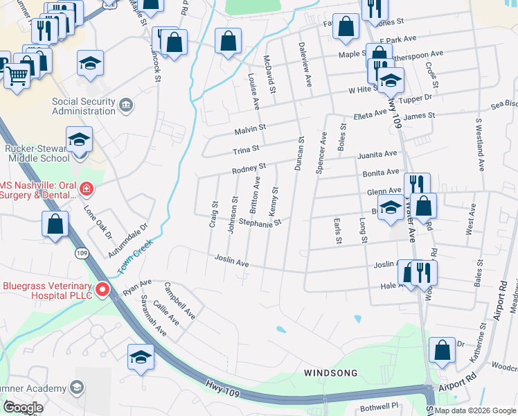 map of restaurants, bars, coffee shops, grocery stores, and more near 849 Britton Avenue in Gallatin