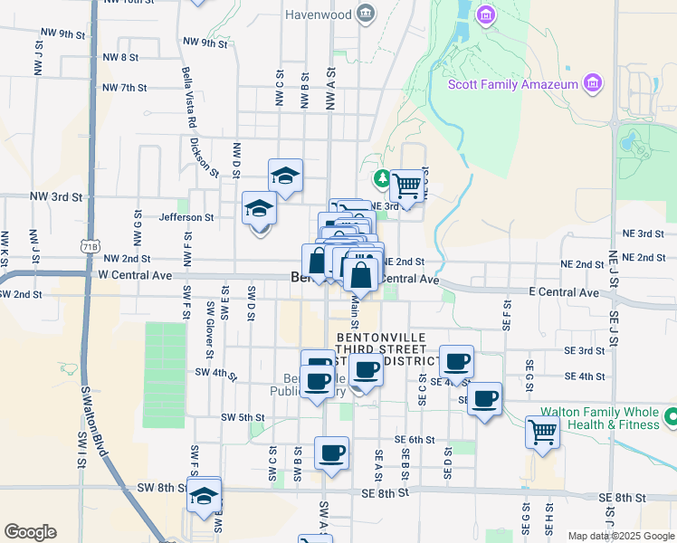 map of restaurants, bars, coffee shops, grocery stores, and more near 104 South Main Street in Bentonville