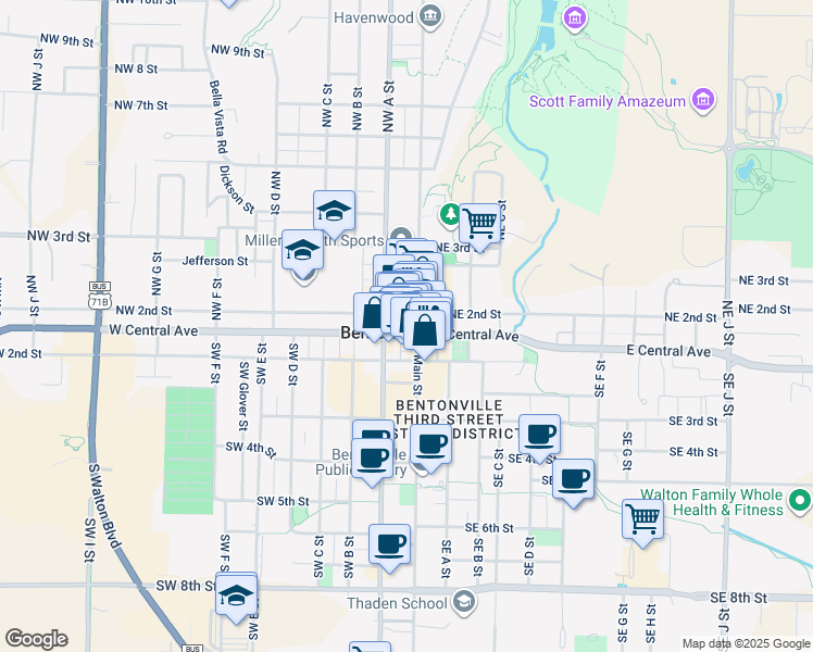 map of restaurants, bars, coffee shops, grocery stores, and more near 104 South Main Street in Bentonville