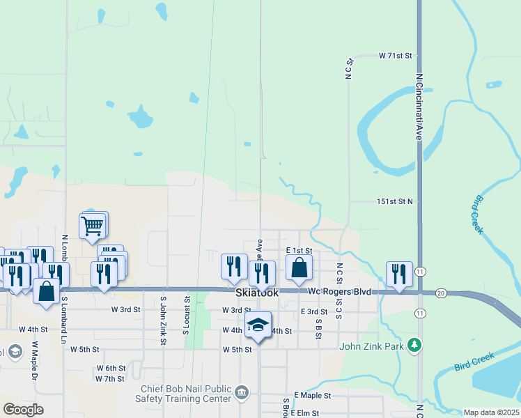 map of restaurants, bars, coffee shops, grocery stores, and more near 101 West Cherokee Avenue in Skiatook