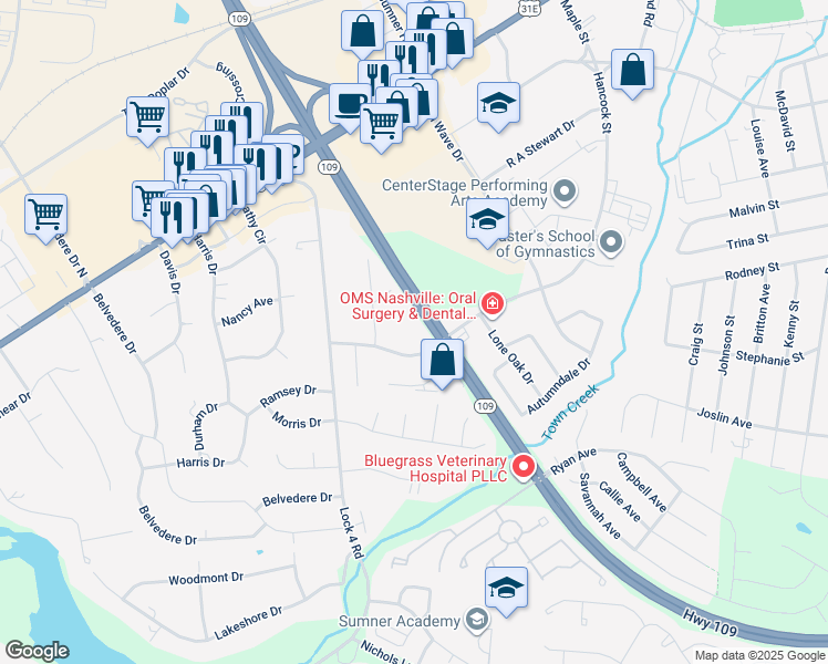 map of restaurants, bars, coffee shops, grocery stores, and more near 405 Hancock Street in Gallatin