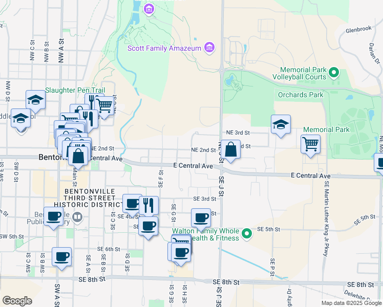 map of restaurants, bars, coffee shops, grocery stores, and more near 905 East Central Avenue in Bentonville