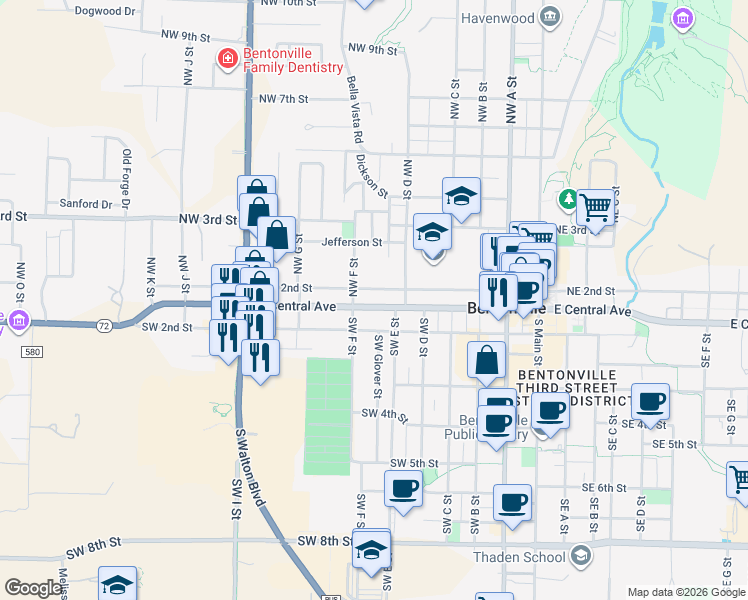 map of restaurants, bars, coffee shops, grocery stores, and more near 606 West Central Avenue in Bentonville