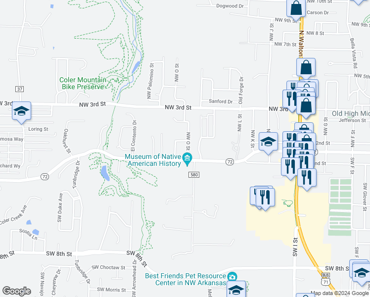map of restaurants, bars, coffee shops, grocery stores, and more near 105 Northwest O Street in Bentonville