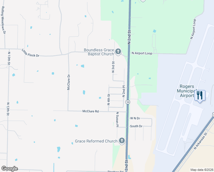 map of restaurants, bars, coffee shops, grocery stores, and more near 3702 North 4th Street in Rogers
