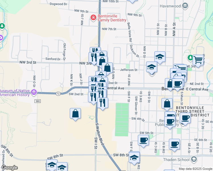 map of restaurants, bars, coffee shops, grocery stores, and more near 203 Northwest G Street in Bentonville