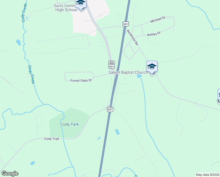 map of restaurants, bars, coffee shops, grocery stores, and more near 109 Forest Oaks Drive in Dobson