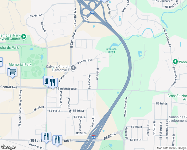 map of restaurants, bars, coffee shops, grocery stores, and more near 3104 Levi Lane in Bentonville