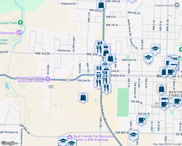map of restaurants, bars, coffee shops, grocery stores, and more near 203 Northwest J Street in Bentonville