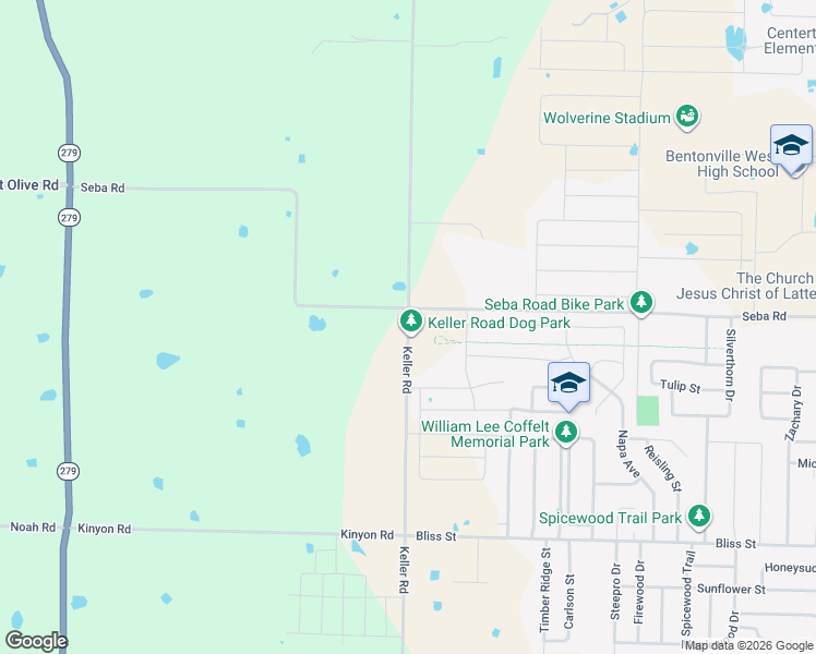 map of restaurants, bars, coffee shops, grocery stores, and more near Keller Road in Centerton