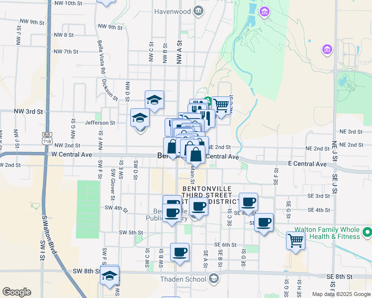 map of restaurants, bars, coffee shops, grocery stores, and more near 211 Northeast A Street in Bentonville