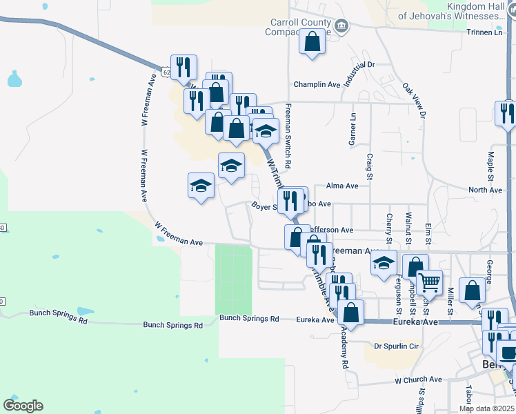 map of restaurants, bars, coffee shops, grocery stores, and more near Boyer Street in Berryville