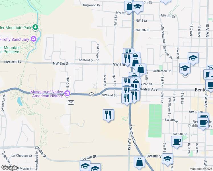 map of restaurants, bars, coffee shops, grocery stores, and more near 102 Northwest K Street in Bentonville