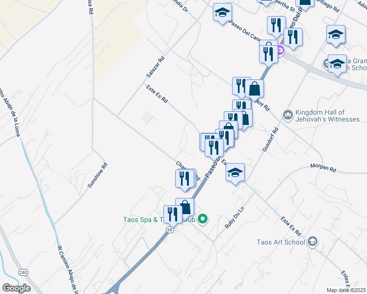 map of restaurants, bars, coffee shops, grocery stores, and more near 110 Otono Road in Taos