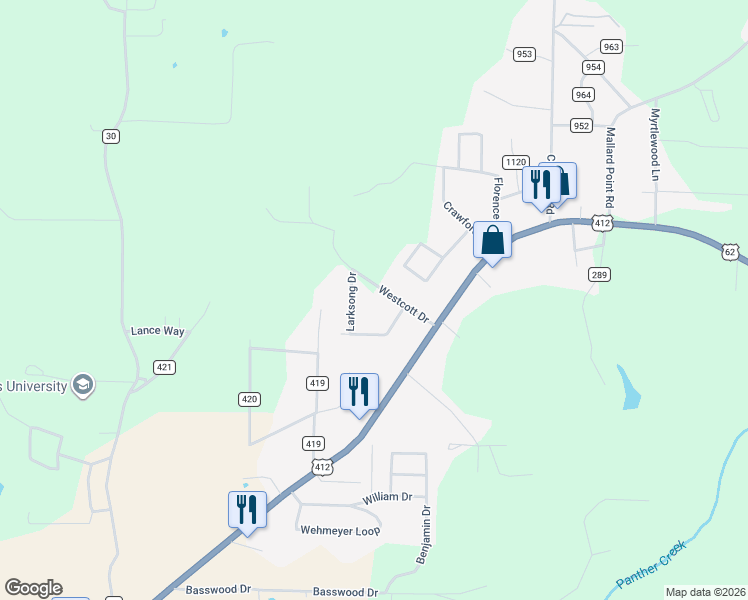 map of restaurants, bars, coffee shops, grocery stores, and more near 46 Larksong Drive in Mountain Home