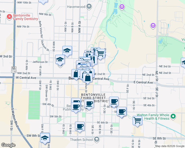 map of restaurants, bars, coffee shops, grocery stores, and more near 209 Northeast 2nd Street in Bentonville