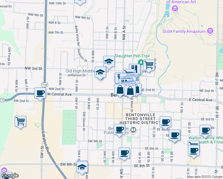 map of restaurants, bars, coffee shops, grocery stores, and more near 410 Northwest 2nd Street in Bentonville