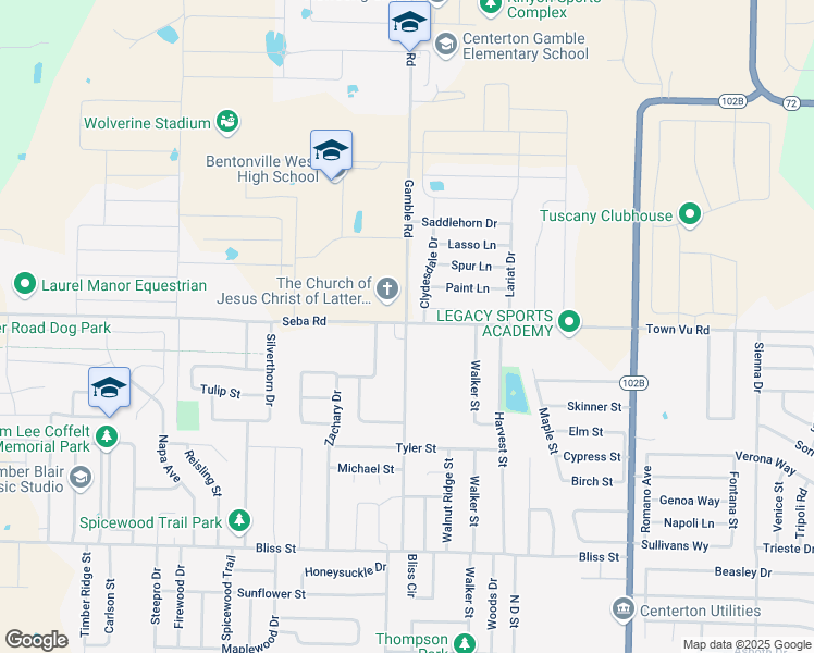 map of restaurants, bars, coffee shops, grocery stores, and more near 1500 Gamble Road in Centerton