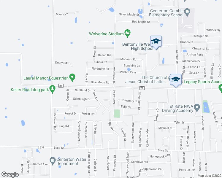 map of restaurants, bars, coffee shops, grocery stores, and more near 1331 Blue Moon Road in Centerton