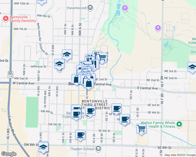 map of restaurants, bars, coffee shops, grocery stores, and more near 209 Northeast 2nd Street in Bentonville