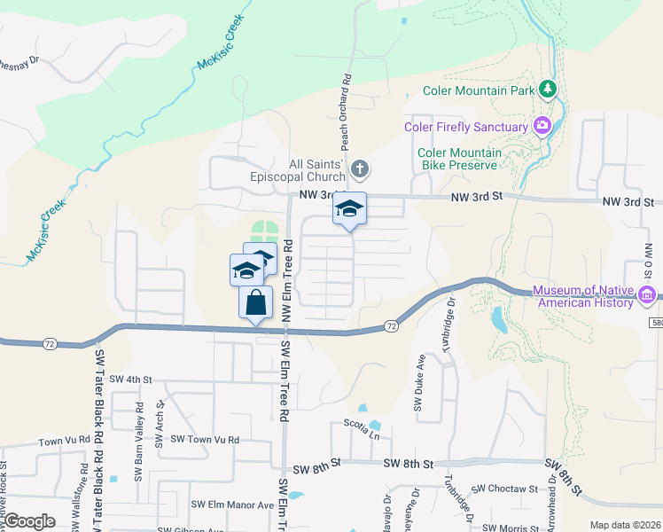 map of restaurants, bars, coffee shops, grocery stores, and more near 3106 Mimosa Way in Bentonville