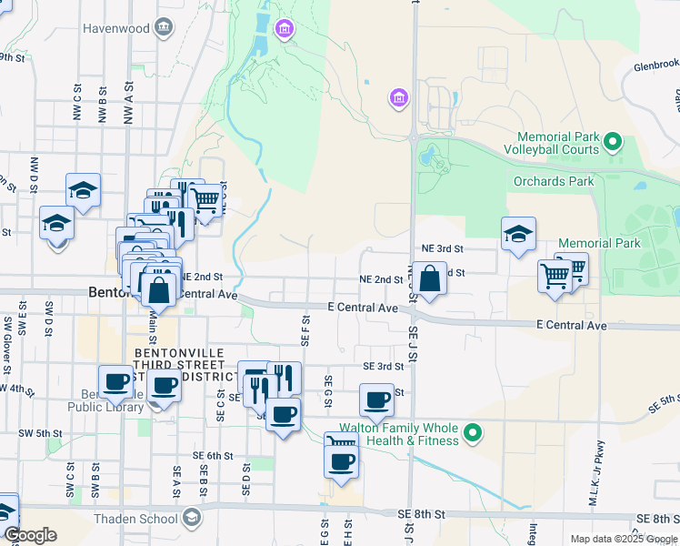 map of restaurants, bars, coffee shops, grocery stores, and more near 801 Northeast 2nd Street in Bentonville