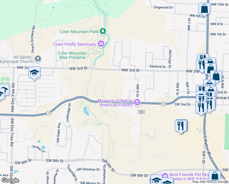 map of restaurants, bars, coffee shops, grocery stores, and more near 1716 Southwest 2nd Street in Bentonville