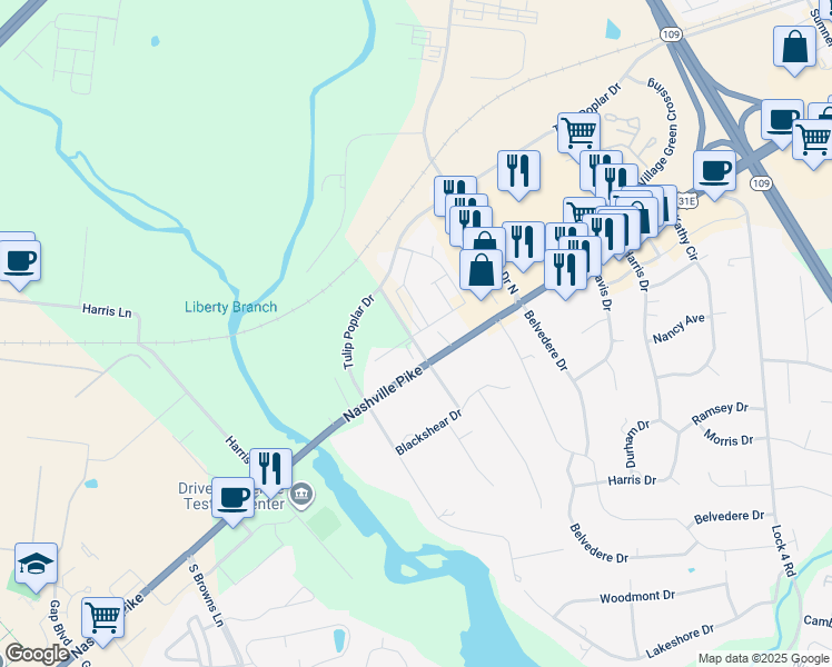map of restaurants, bars, coffee shops, grocery stores, and more near 490 North Niagra Way in Gallatin