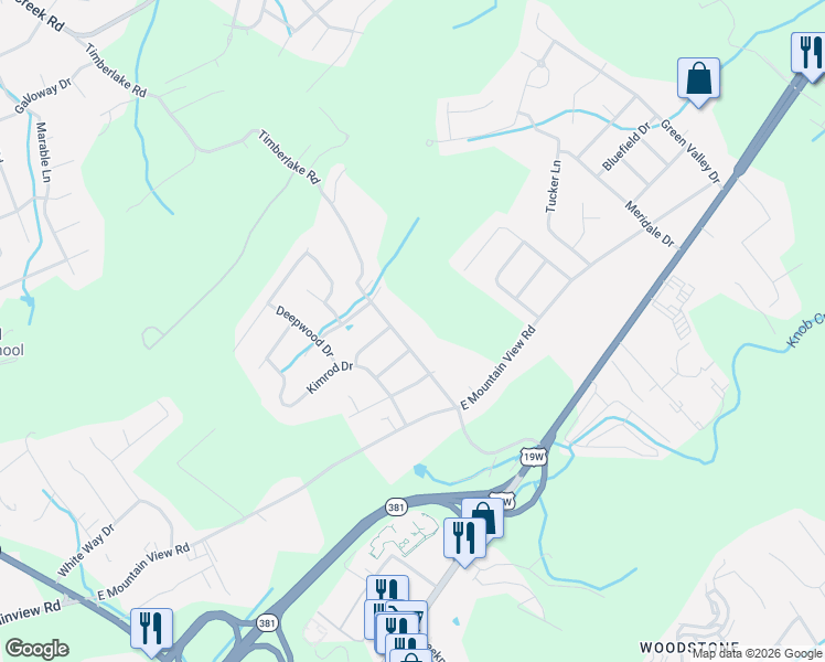 map of restaurants, bars, coffee shops, grocery stores, and more near 3610 Timberlake Road in Johnson City