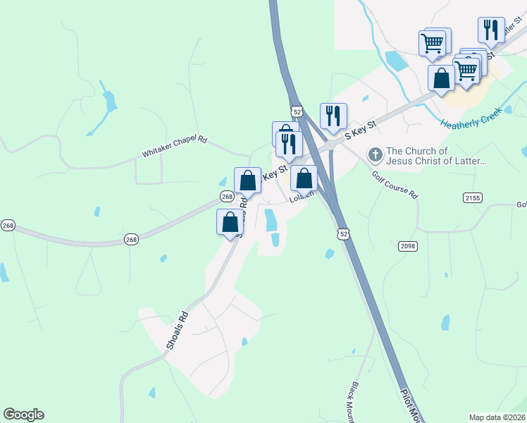 map of restaurants, bars, coffee shops, grocery stores, and more near 226 Lola Lane in Pilot Mountain