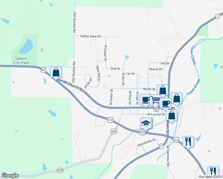 map of restaurants, bars, coffee shops, grocery stores, and more near 141 North Cedar Street in Salem