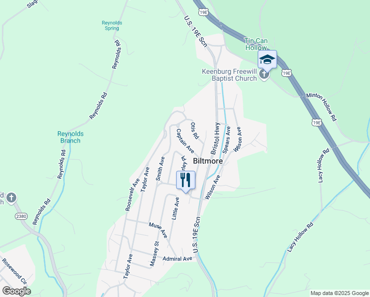 map of restaurants, bars, coffee shops, grocery stores, and more near 128 Captain Avenue in Elizabethton