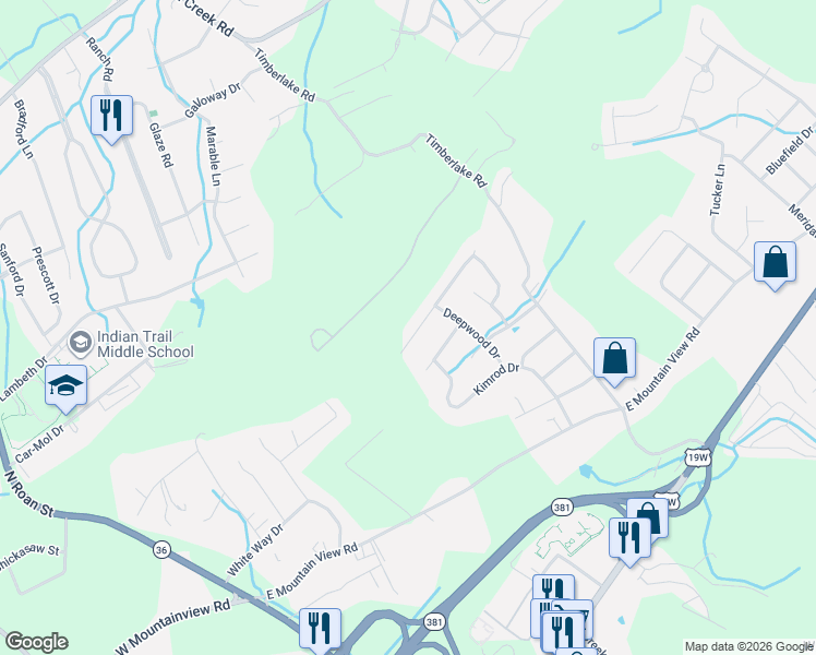 map of restaurants, bars, coffee shops, grocery stores, and more near 707 Lazywood Drive in Johnson City