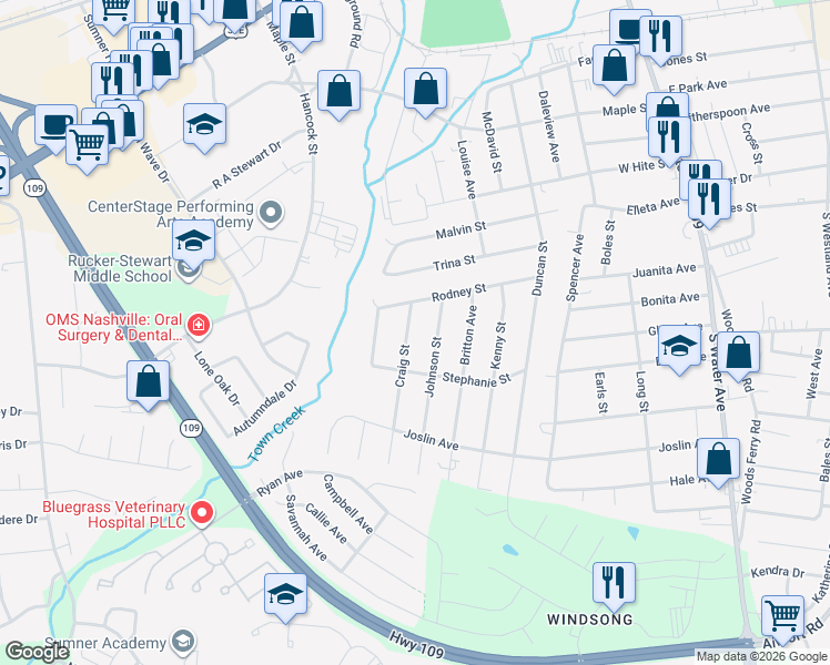 map of restaurants, bars, coffee shops, grocery stores, and more near 829 Johnson Street in Gallatin
