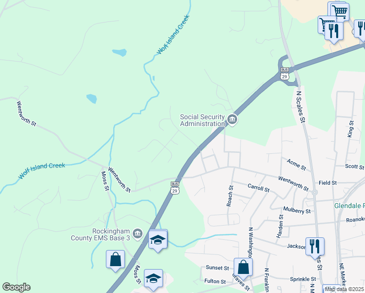 map of restaurants, bars, coffee shops, grocery stores, and more near 1001 Deerfield Drive in Reidsville