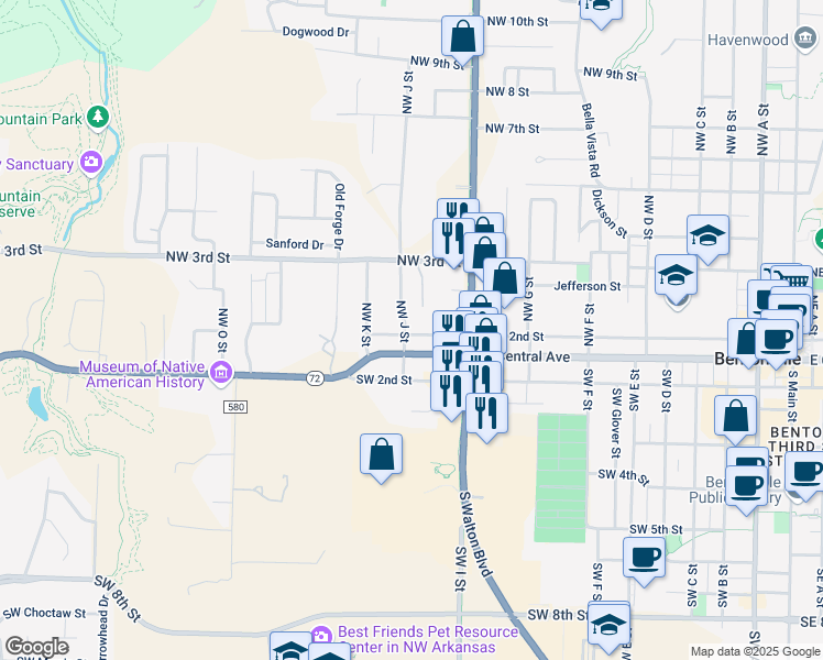 map of restaurants, bars, coffee shops, grocery stores, and more near 203 Northwest J Street in Bentonville
