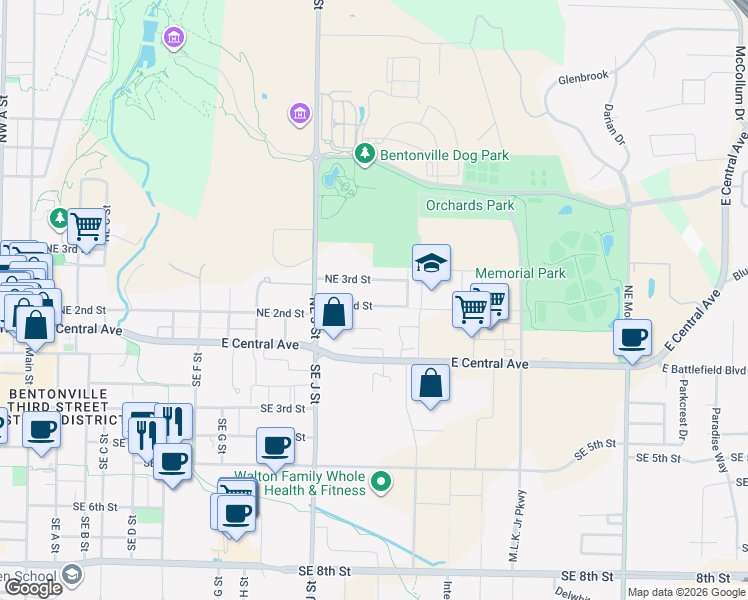 map of restaurants, bars, coffee shops, grocery stores, and more near 1207 Northeast 2nd Street in Bentonville