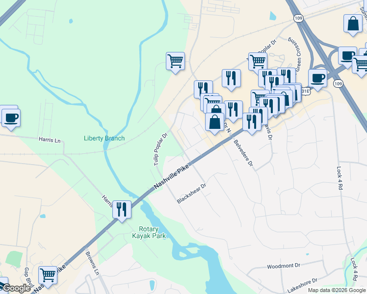 map of restaurants, bars, coffee shops, grocery stores, and more near 490 North Niagra Way in Gallatin