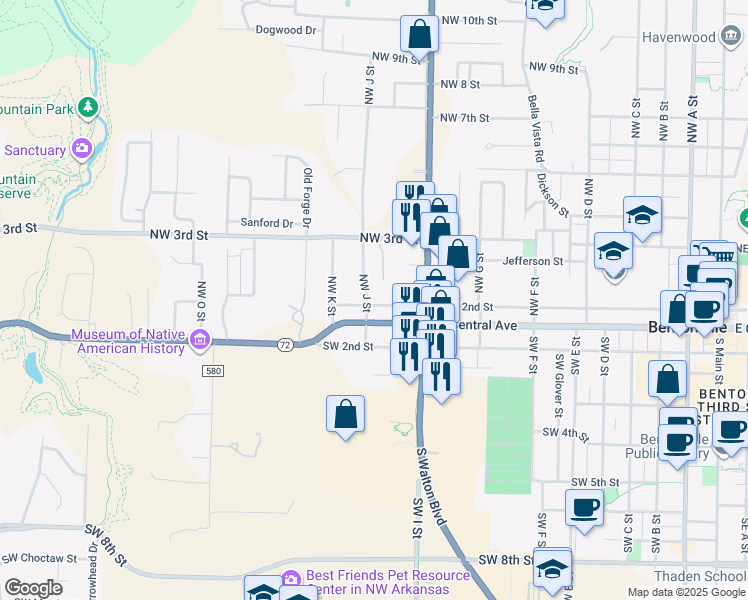 map of restaurants, bars, coffee shops, grocery stores, and more near 203 Northwest J Street in Bentonville
