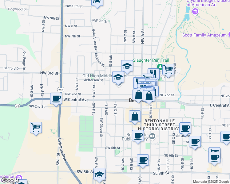 map of restaurants, bars, coffee shops, grocery stores, and more near 406 Northwest 2nd Street in Bentonville