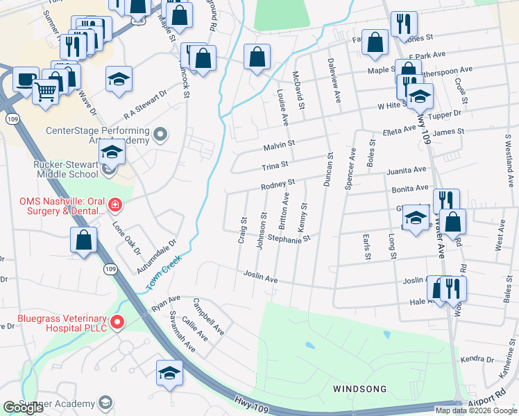 map of restaurants, bars, coffee shops, grocery stores, and more near 829 Johnson Street in Gallatin