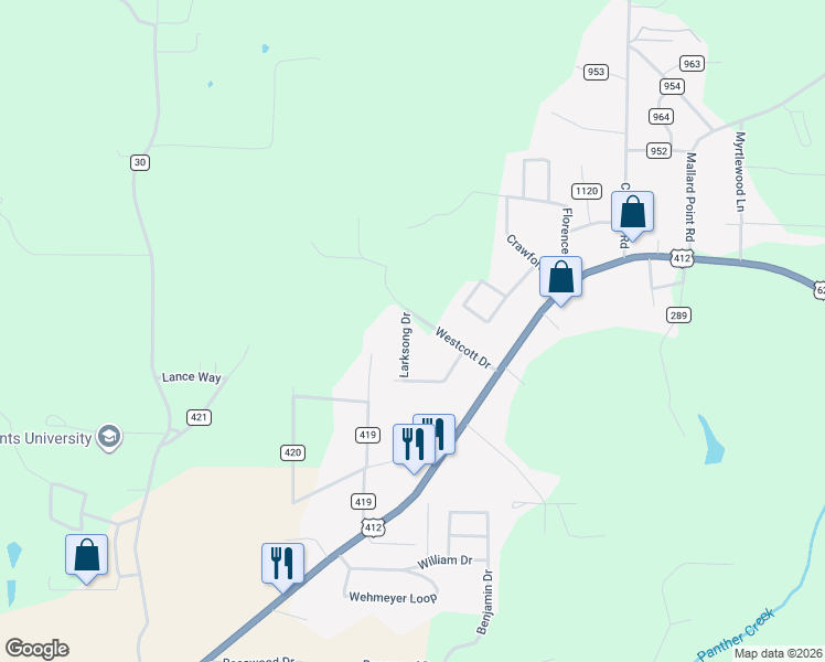 map of restaurants, bars, coffee shops, grocery stores, and more near 46 Larksong Drive in Mountain Home