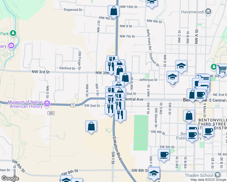 map of restaurants, bars, coffee shops, grocery stores, and more near 902 Northwest 2nd Street in Bentonville