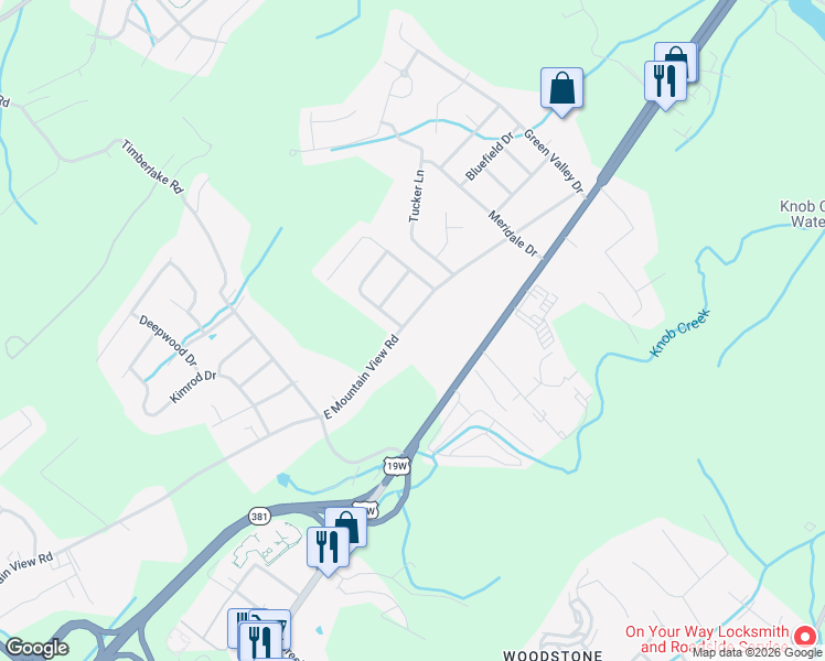 map of restaurants, bars, coffee shops, grocery stores, and more near 970-998 East Mountain View Road in Johnson City