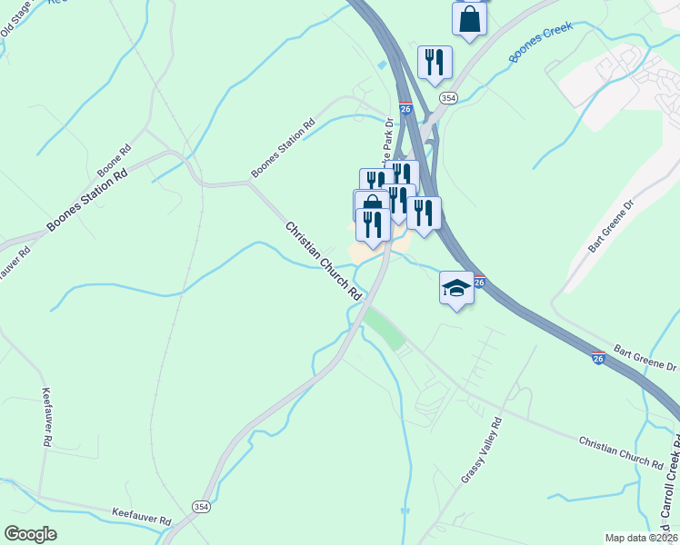 map of restaurants, bars, coffee shops, grocery stores, and more near 282 Christian Church Road in Johnson City
