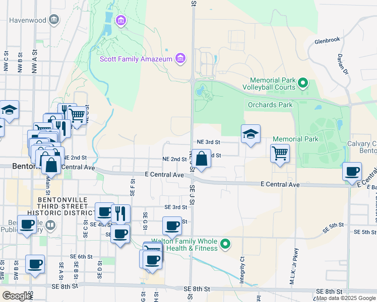 map of restaurants, bars, coffee shops, grocery stores, and more near 205 Northeast J Street in Bentonville