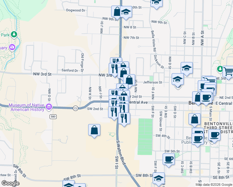 map of restaurants, bars, coffee shops, grocery stores, and more near 902 Northwest 2nd Street in Bentonville