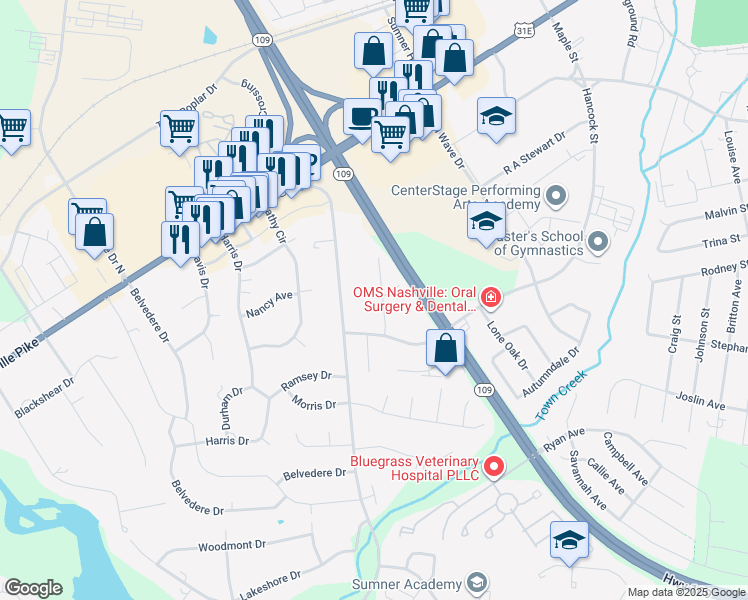 map of restaurants, bars, coffee shops, grocery stores, and more near 322 Trey Ln in Gallatin