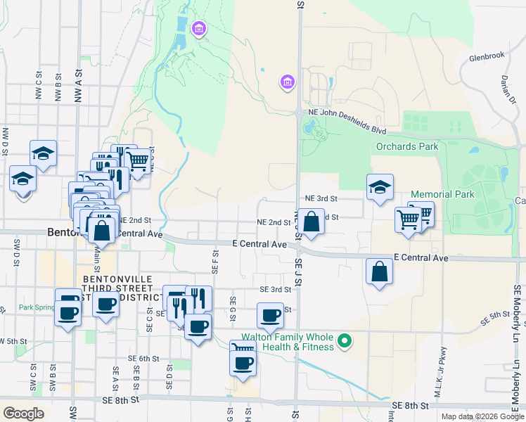 map of restaurants, bars, coffee shops, grocery stores, and more near 930 Meadowood Lane in Bentonville